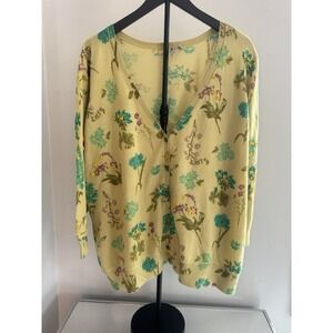 Caslon Floral Botanical Cardigan Beaded Sweater Yellow Green Cottagecore Garden